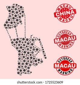 Outbreak combination of infection mosaic Macau map and unclean seals. Vector red imprints with scratched rubber texture and Outbreak Warning caption.