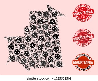 Outbreak combination of infection mosaic Mauritania map and unclean seals. Vector red imprints with unclean rubber texture and Outbreak Warning caption.