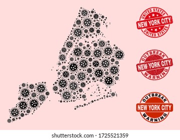 Outbreak combination of infection mosaic New York City map and dirty stamps. Vector red watermarks with scratched rubber texture and Outbreak Warning caption.