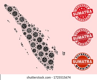 Outbreak combination of infection mosaic Sumatra map and rubber seals. Vector red imprints with distress rubber texture and Outbreak Warning caption. Mosaic Sumatra map designed with SARS virus,