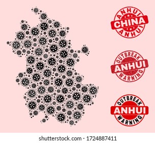 Outbreak combination of virus mosaic Anhui Province map and rubber seals. Vector red seals with corroded rubber texture and Outbreak Warning caption. Mosaic Anhui Province map designed with flu virus,