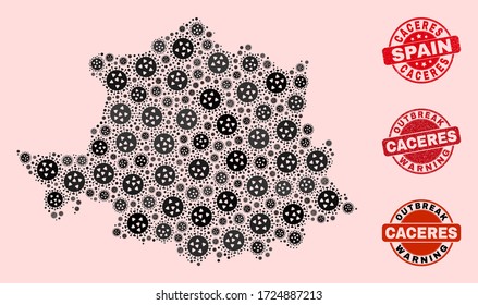 Kombination von Virus mosaic Caceres Provinz Karte und ungesunde Briefmarken. Vector rote Dichtungen mit unreiner Gummistruktur und Ausbruchwarnung.