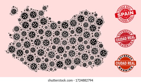 Outbreak combination of virus mosaic Ciudad Real Province map and unclean seal stamps. Vector red imprints with unclean rubber texture and Outbreak Warning caption.