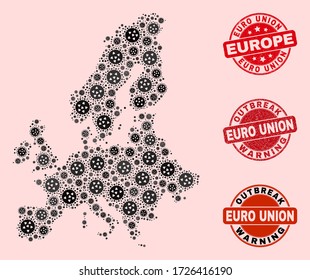 Outbreak combination of virus mosaic Euro Union map and corroded seal stamps. Vector red watermarks with scratched rubber texture and Outbreak Warning caption.