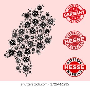 Outbreak combination of virus mosaic Hesse Land map and grunge seal stamps. Vector red watermarks with grunge rubber texture and Outbreak Warning caption.