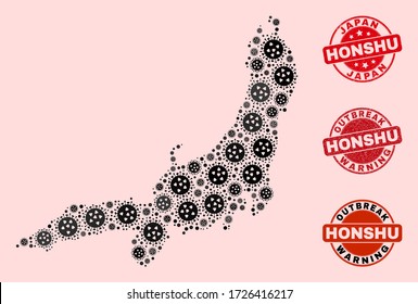 Combinación de brotes de mosaicos de virus en el mapa de la isla de Honshu y sellos de sellado de caucho. Marcas de agua rojas vectoriales con textura de caucho rayada y pie de advertencia de brotes.