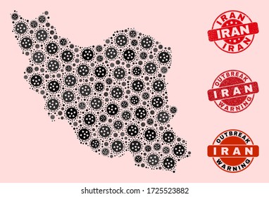Outbreak combination of virus mosaic Iran map and scratched stamps. Vector red watermarks with scratched rubber texture and Outbreak Warning caption. Mosaic Iran map designed with covid-2019 virus,