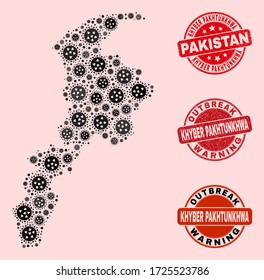 Outbreak combination of virus mosaic Khyber Pakhtunkhwa Province map and corroded seals. Vector red seals with corroded rubber texture and Outbreak Warning caption.