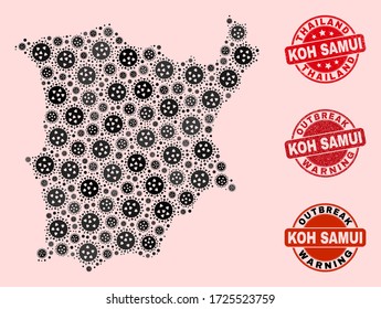 Outbreak combination of virus mosaic Koh Samui map and grunge seal stamps. Vector red seals with corroded rubber texture and Outbreak Warning caption.