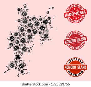 Outbreak combination of virus mosaic Komodo Island map and rubber seals. Vector red seals with unclean rubber texture and Outbreak Warning caption.