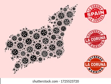 Combinación de brotes de mosaico de virus en el mapa de la provincia de La Coruna y focas sucias. Sellos rojos vectoriales con textura de goma gruesa y pie de advertencia de brotes.
