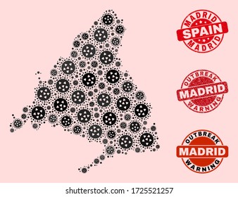 Outbreak combination of virus mosaic Madrid Province map and grunge seal stamps. Vector red imprints with grunge rubber texture and Outbreak Warning caption.