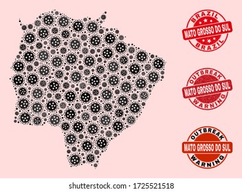 Outbreak combination of virus mosaic Mato Grosso do Sul State map and rubber seal stamps. Vector red seals with grunge rubber texture and Outbreak Warning caption.