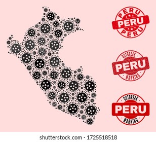 Outbreak combination of virus mosaic Peru map and rubber seals. Vector red imprints with scratched rubber texture and Outbreak Warning caption. Mosaic Peru map designed with covid-2019 virus,
