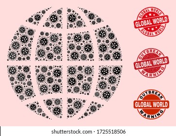 Kombination aus Virus-Mosaik-Planeten-Globus-Globe und Gummistempeln. Vector rote Aufdrucke mit kratzer Gummistruktur und Ausbruchwarnung. Mosaik-Planet-Globus, entwickelt mit dem Kokospalm-2019-Virus,