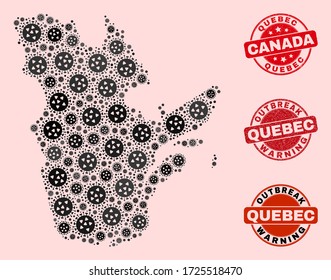 Outbreak combination of virus mosaic Quebec Province map and corroded stamps. Vector red seals with corroded rubber texture and Outbreak Warning caption.