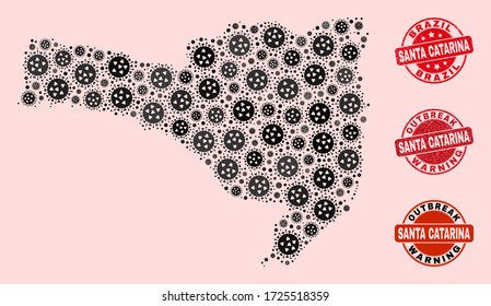 Outbreak combination of virus mosaic Santa Catarina State map and scratched seals. Vector red seals with unclean rubber texture and Outbreak Warning caption.