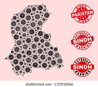 Outbreak combination of virus mosaic Sindh Province map and grunge seals. Vector red seals with distress rubber texture and Outbreak Warning caption.