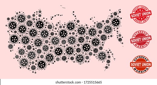 Outbreak combination of virus mosaic Soviet Union map and unclean seals. Vector red watermarks with unclean rubber texture and Outbreak Warning caption.