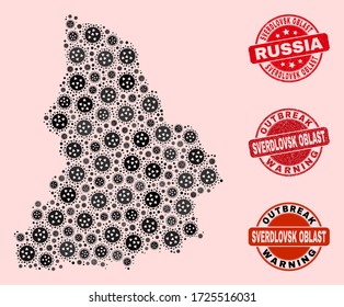 Outbreak combination of virus mosaic Sverdlovsk Region map and corroded seals. Vector red seals with grunge rubber texture and Outbreak Warning caption.