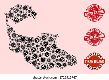 Outbreak combination of virus mosaic Tiran Island map and grunge seals. Vector red seals with unclean rubber texture and Outbreak Warning caption.