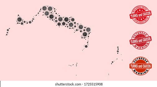 Outbreak combination of virus mosaic Turks and Caicos Islands map and rubber stamps. Vector red imprints with distress rubber texture and Outbreak Warning caption.