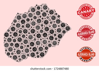 Outbreak composition of covid-2019 mosaic Alegranza Island map and dirty seal stamps. Vector red watermarks with distress rubber texture and Outbreak Warning caption.