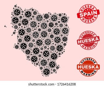Outbreak composition of covid-2019 mosaic Hueska Province map and unclean stamps. Vector red watermarks with unclean rubber texture and Outbreak Warning caption.