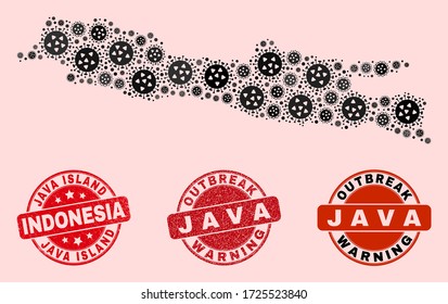 Outbreak composition of covid-2019 mosaic Java Island map and grunge stamps. Vector red imprints with corroded rubber texture and Outbreak Warning caption.