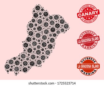 Outbreak composition of covid-2019 mosaic La Graciosa Island map and corroded stamps. Vector red seals with unclean rubber texture and Outbreak Warning caption.