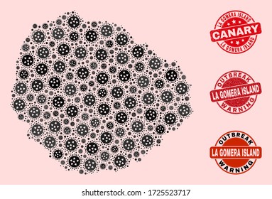 Outbreak composition of covid-2019 mosaic La Gomera Island map and unclean seal stamps. Vector red watermarks with scratched rubber texture and Outbreak Warning caption.