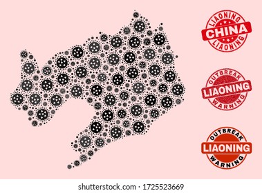 Outbreak composition of covid-2019 mosaic Liaoning Province map and scratched seal stamps. Vector red seals with scratched rubber texture and Outbreak Warning caption.