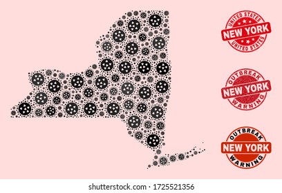 Outbreak composition of covid-2019 mosaic New York State map and rubber seals. Vector red imprints with grunge rubber texture and Outbreak Warning caption.