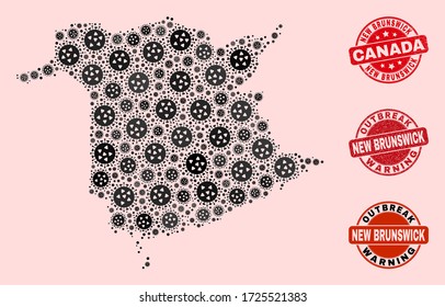 Composición de brote de estampillas de sellado de caucho y mapa de mosaico de la provincia de Nueva Brunswick covid-2019. Impresiones rojas vectoriales con textura de caucho impura y pie de advertencia de brotes.