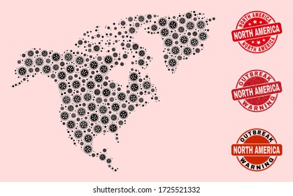 Outbreak Zusammensetzung der covid-2019 Mosaik Nordamerika Karte und ungesunde Robben. Vector rote Aufdrucke mit kratzer Gummistruktur und Ausbruchwarnung.