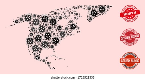 Outbreak composition of covid-2019 mosaic North America and Greenland map and rubber seal stamps. Vector red watermarks with scratched rubber texture and Outbreak Warning caption.