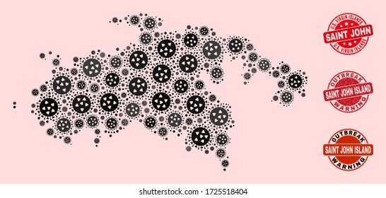 Outbreak composition of covid-2019 mosaic Saint John Island map and dirty seals. Vector red seals with unclean rubber texture and Outbreak Warning caption.