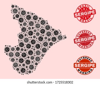 Composición de brote del mapa del estado de Sergipe en mosaico de covid-2019 y sellos de foca rayados. Impresiones rojas vectoriales con textura de caucho rayada y pie de advertencia de brotes.