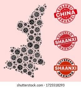 Outbreak composition of covid-2019 mosaic Shaanxi Province map and unclean seals. Vector red imprints with unclean rubber texture and Outbreak Warning caption.