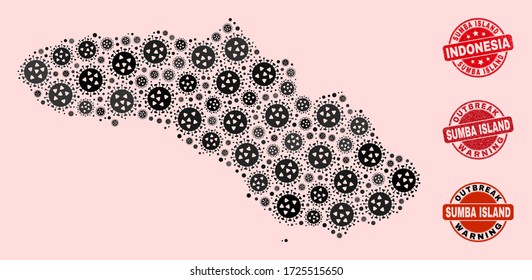 Outbreak composition of covid-2019 mosaic Sumba Island map and rubber stamps. Vector red seals with grunge rubber texture and Outbreak Warning caption.