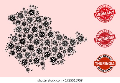 Outbreak composition of covid-2019 mosaic Thuringia Land map and corroded seals. Vector red watermarks with grunge rubber texture and Outbreak Warning caption.