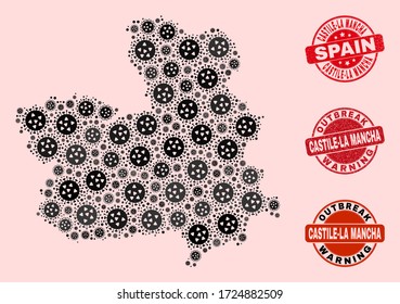 Zusammensetzung der Grippevirusmosaik Kastilien-La Mancha Provinz Karte und kratzte Robben. Vector rote Dichtungen mit unreiner Gummistruktur und Ausbruchwarnung.