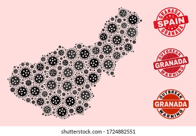 Outbreak composition of flu viral mosaic Granada Province map and rubber stamps. Vector red imprints with distress rubber texture and Outbreak Warning caption.