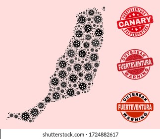 Outbreak composition of flu viral mosaic Fuerteventura Island map and unclean stamps. Vector red imprints with unclean rubber texture and Outbreak Warning caption.