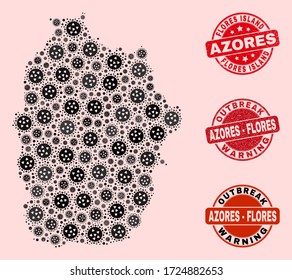 Outbreak composition of flu viral mosaic Flores Island of Azores map and textured seals. Vector red seals with unclean rubber texture and Outbreak Warning caption.