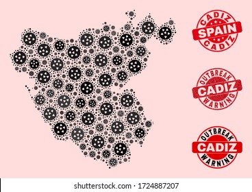 Composición de brote de mosaico viral de gripe en la provincia de Cádiz y sellos de caucho. Marcas de agua rojas vectoriales con textura de goma gruesa y pie de advertencia de brotes.