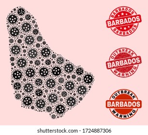 Outbreak composition of flu viral mosaic Barbados map and corroded seals. Vector red seals with corroded rubber texture and Outbreak Warning caption. Mosaic Barbados map constructed with coronavirus,