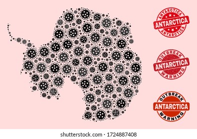 Outbreak composition of flu viral mosaic Antarctica continent map and rubber stamps. Vector red imprints with distress rubber texture and Outbreak Warning caption.