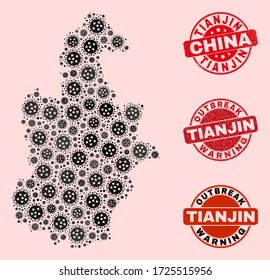 Composición de brote del mosaico viral de la gripe Tianjin City y sellos de foca impuros. Sellos rojos vectoriales con textura de caucho impura y pie de advertencia de brotes.