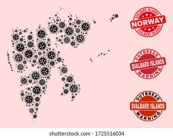 Outbreak composition of flu viral mosaic Svalbard Islands map and unclean stamps. Vector red imprints with unclean rubber texture and Outbreak Warning caption.